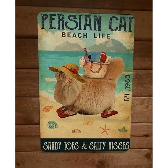 Persian Cat Beach Life Sandy Toes Salty Kisses Animals 8x12 Metal Wall Sign - Picture 1 of 1